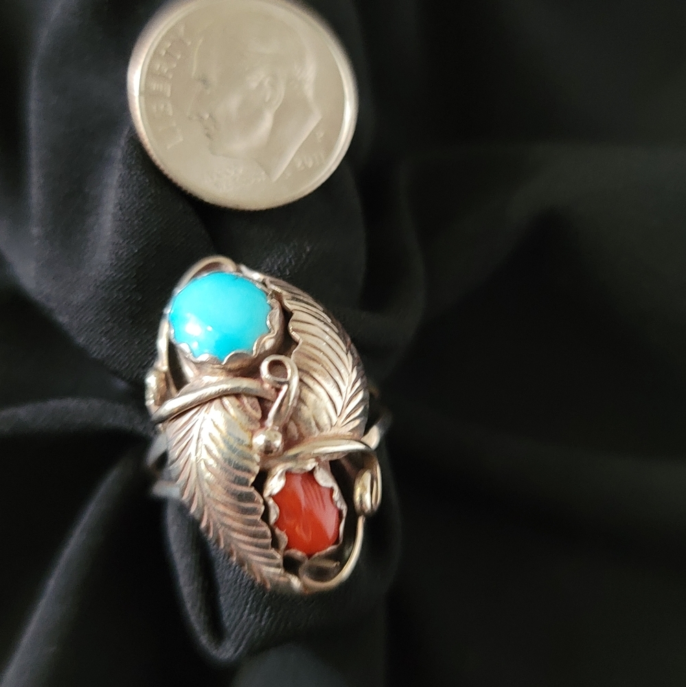 Turquoise and Coral Ring Vintage 8.5 Boho Style